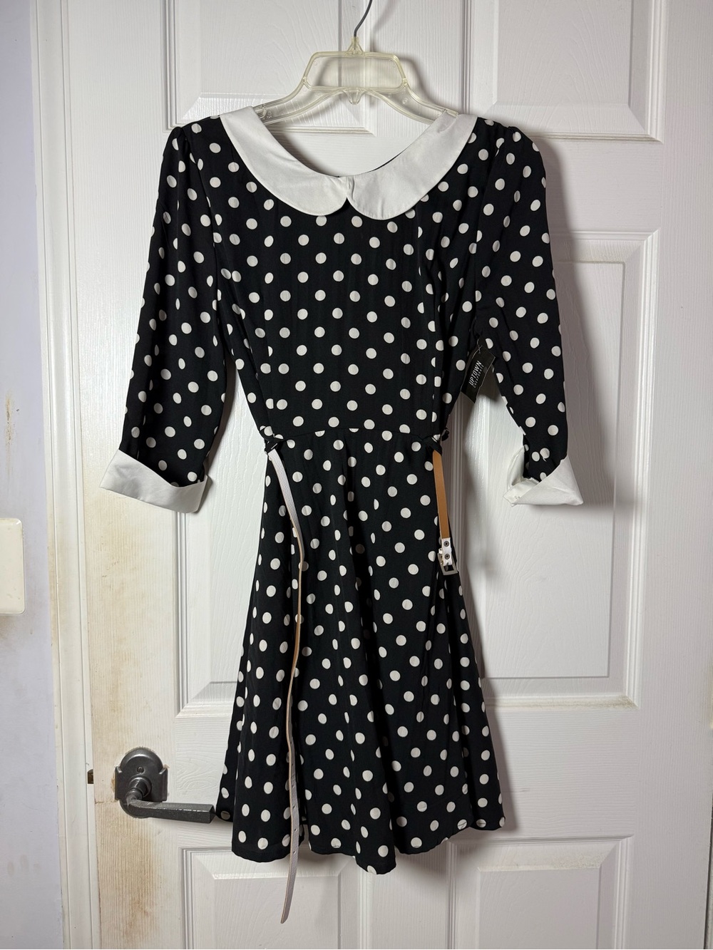 YUMI Black and White Polka Dot Fit & Flare Dress with Peter Pan Collar